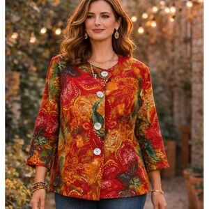 Chicos Womens Artsy Boho Chic Utopian Flower Amalia Jacket Size Medium Whimsical